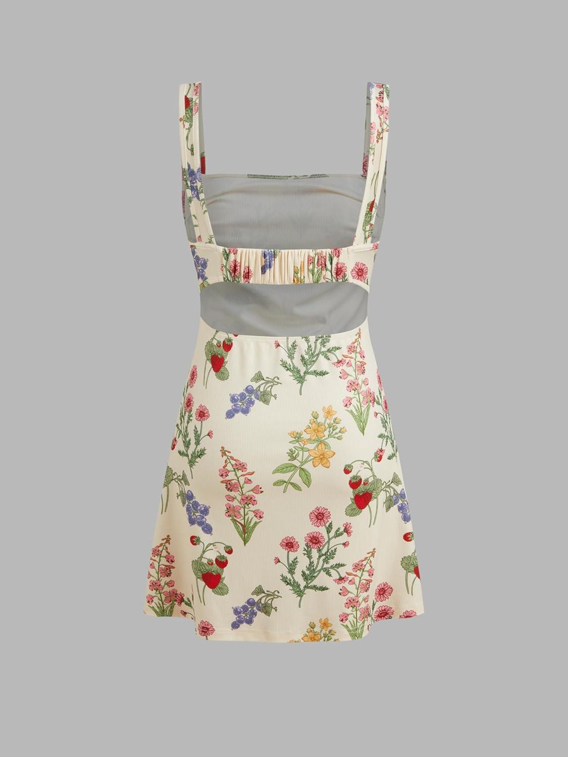 imageCIDER Womens Summer Floral Dress Square Neck Mini Dress Sleeveless Cute Sundress Party Dresses Trendy 2025Beige