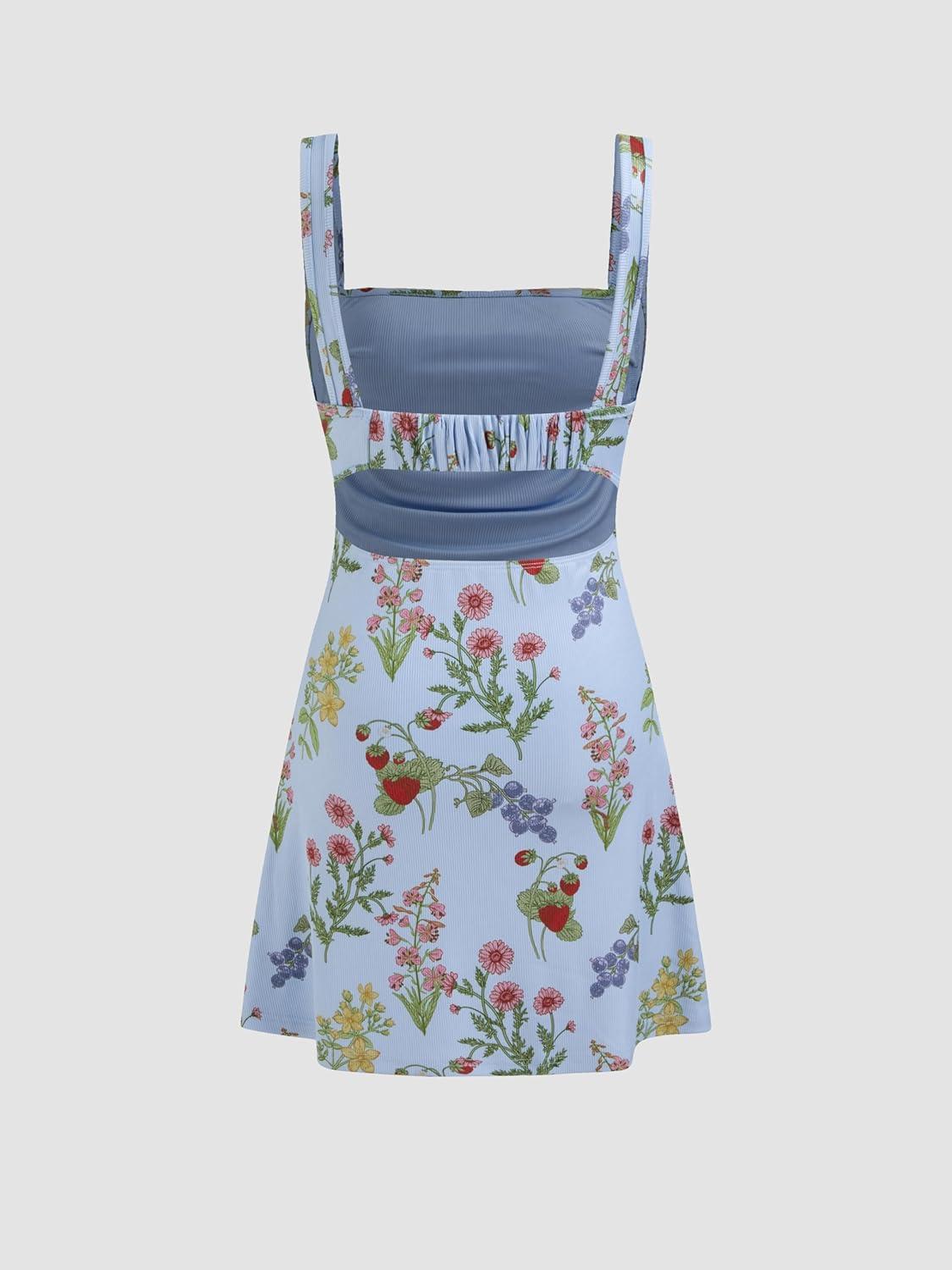 imageCIDER Womens Summer Floral Dress Square Neck Mini Dress Sleeveless Cute Sundress Party Dresses Trendy 2025Sky Blue