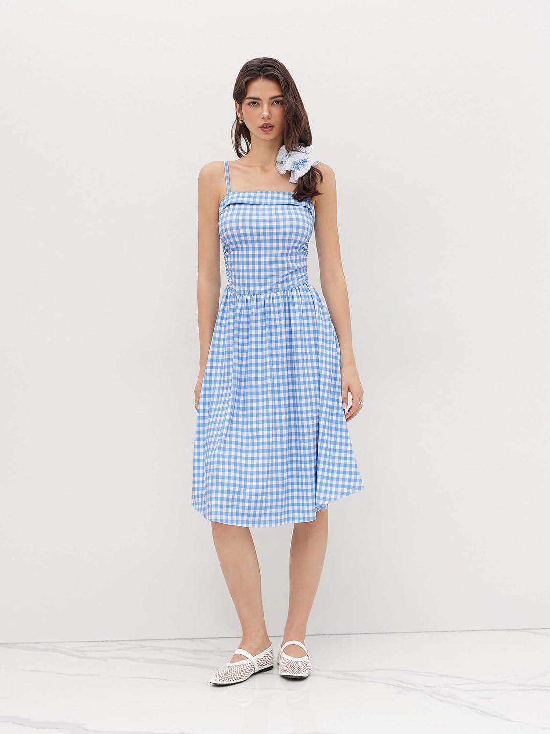 imageCIDER Womens Summer Gingham Midi Dress Sleeveless Ruched Plaid Dress Spaghetti Strap Dresses Casual TrendySky Blue