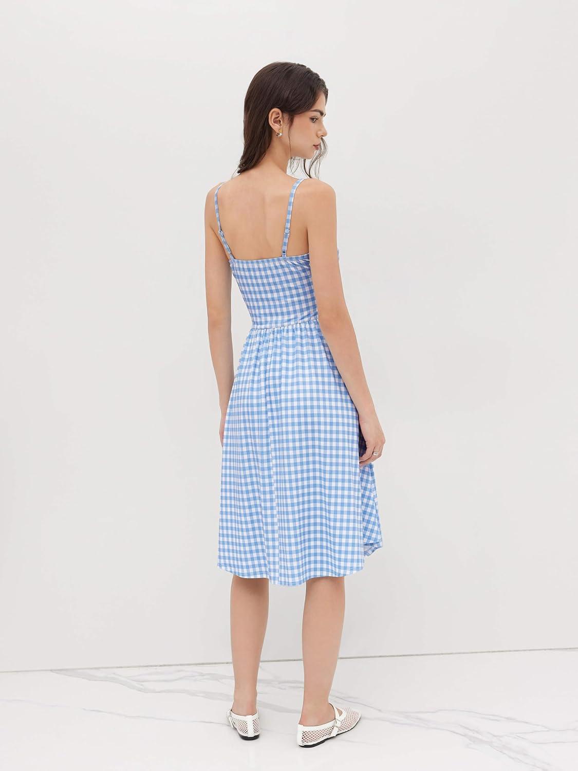 imageCIDER Womens Summer Gingham Midi Dress Sleeveless Ruched Plaid Dress Spaghetti Strap Dresses Casual TrendySky Blue