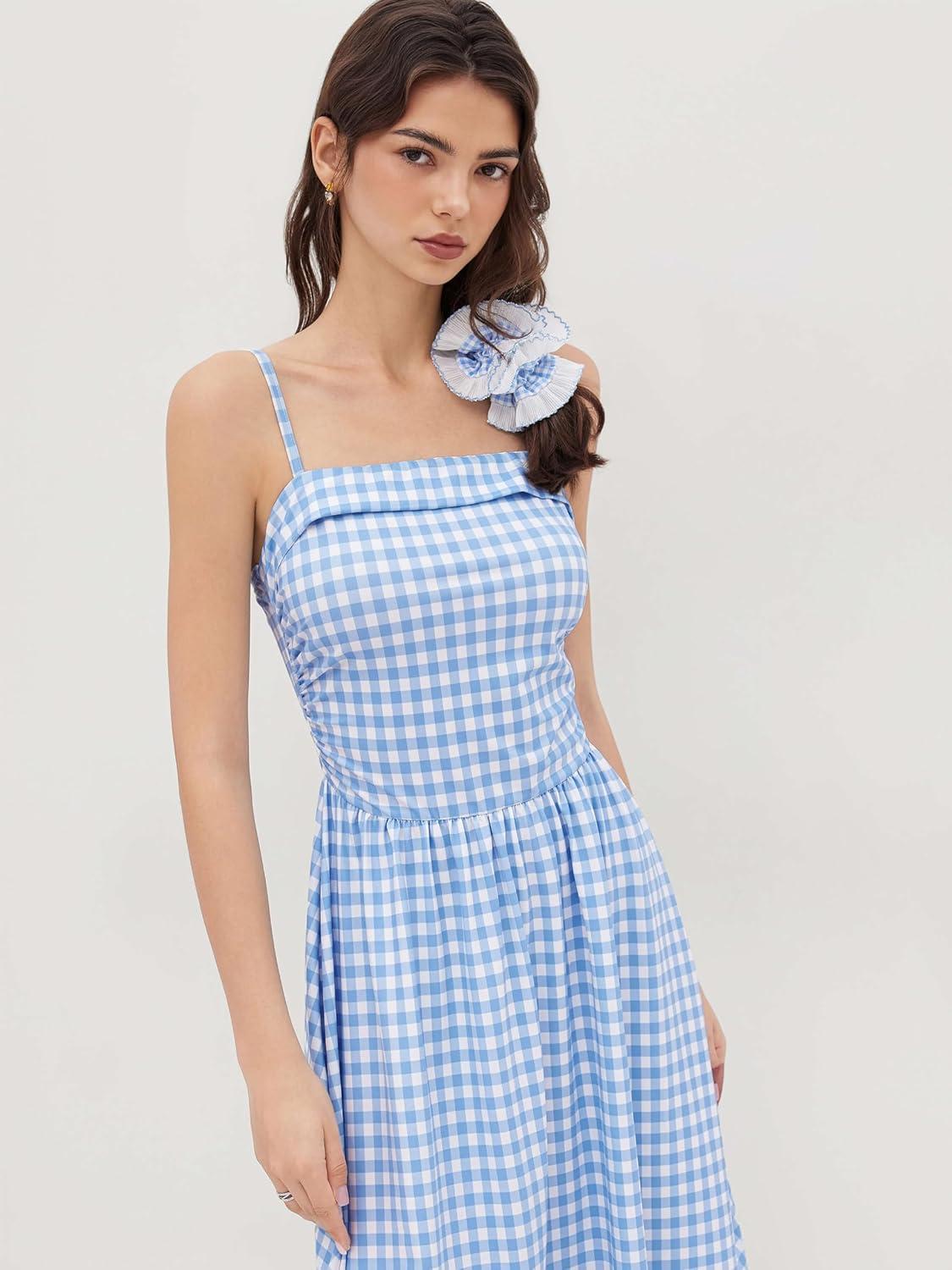 imageCIDER Womens Summer Gingham Midi Dress Sleeveless Ruched Plaid Dress Spaghetti Strap Dresses Casual TrendySky Blue