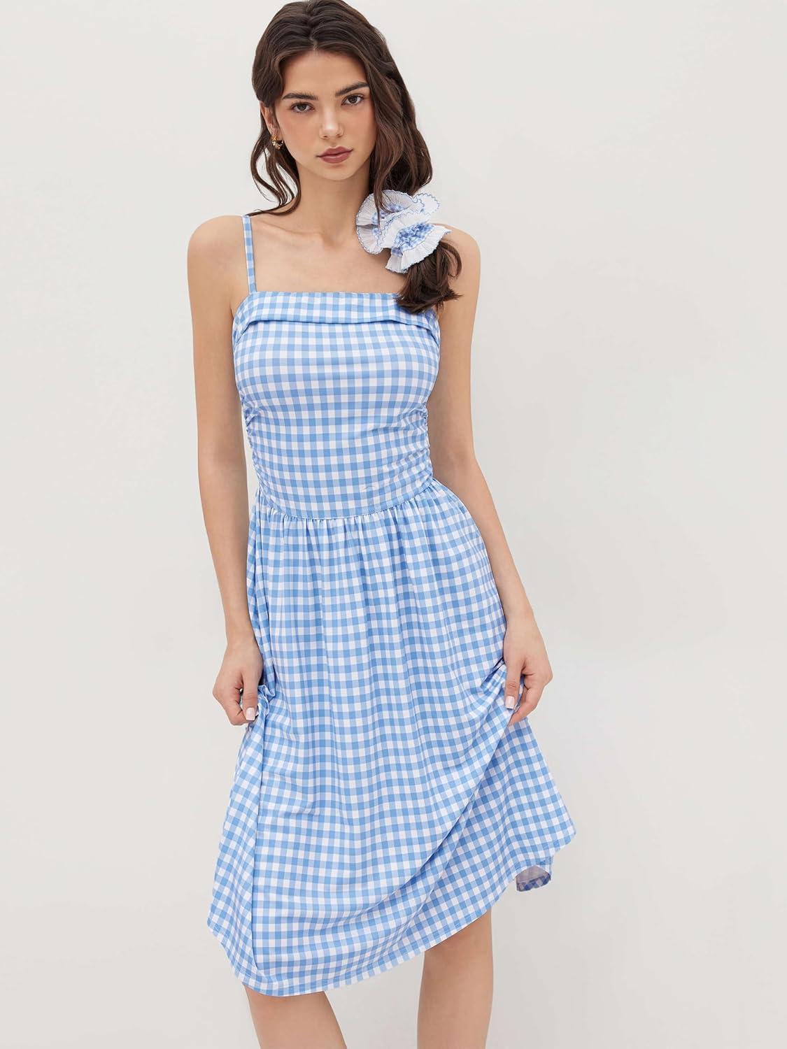 imageCIDER Womens Summer Gingham Midi Dress Sleeveless Ruched Plaid Dress Spaghetti Strap Dresses Casual TrendySky Blue