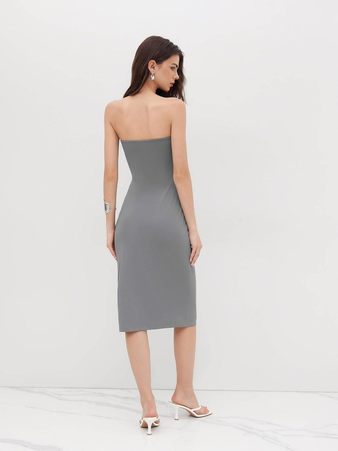 imageCIDER Womens Summer Tube Dress Double Layer Bodycon Ruched Backless Casual Club Party Midi DressesLight Grey