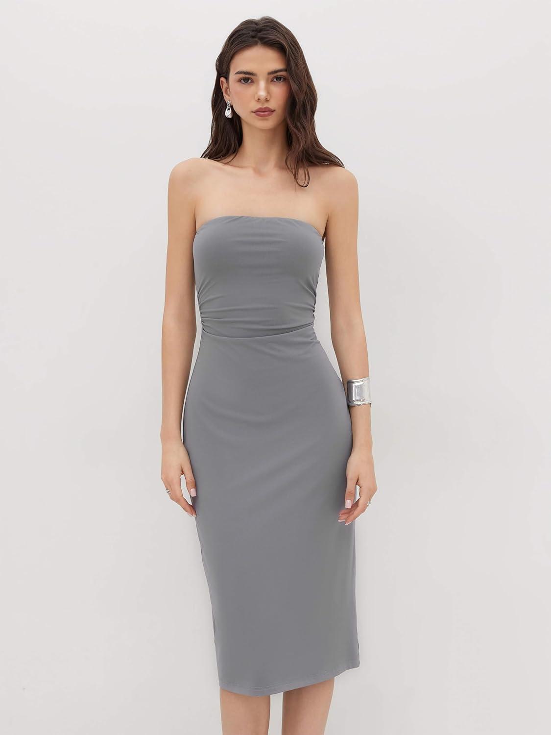 imageCIDER Womens Summer Tube Dress Double Layer Bodycon Ruched Backless Casual Club Party Midi DressesLight Grey