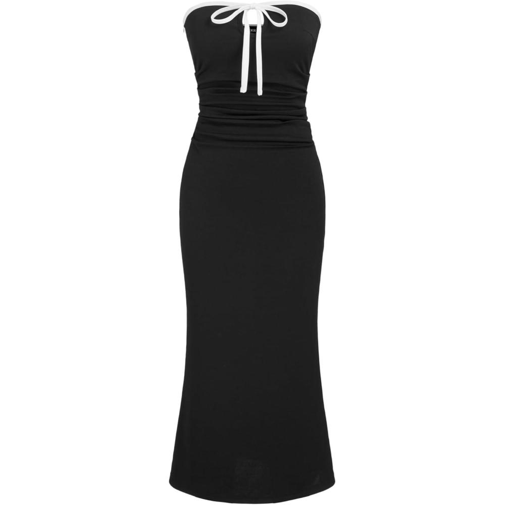 imageCIDER Strapless Tude Bodycon Midi Dress Ruched Tie Knotted Cocktail Party Summer DressesBlack
