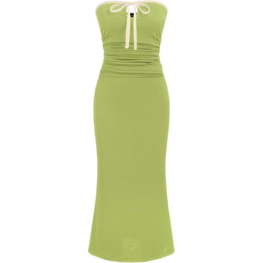 imageCIDER Strapless Tude Bodycon Midi Dress Ruched Tie Knotted Cocktail Party Summer DressesOlive Green