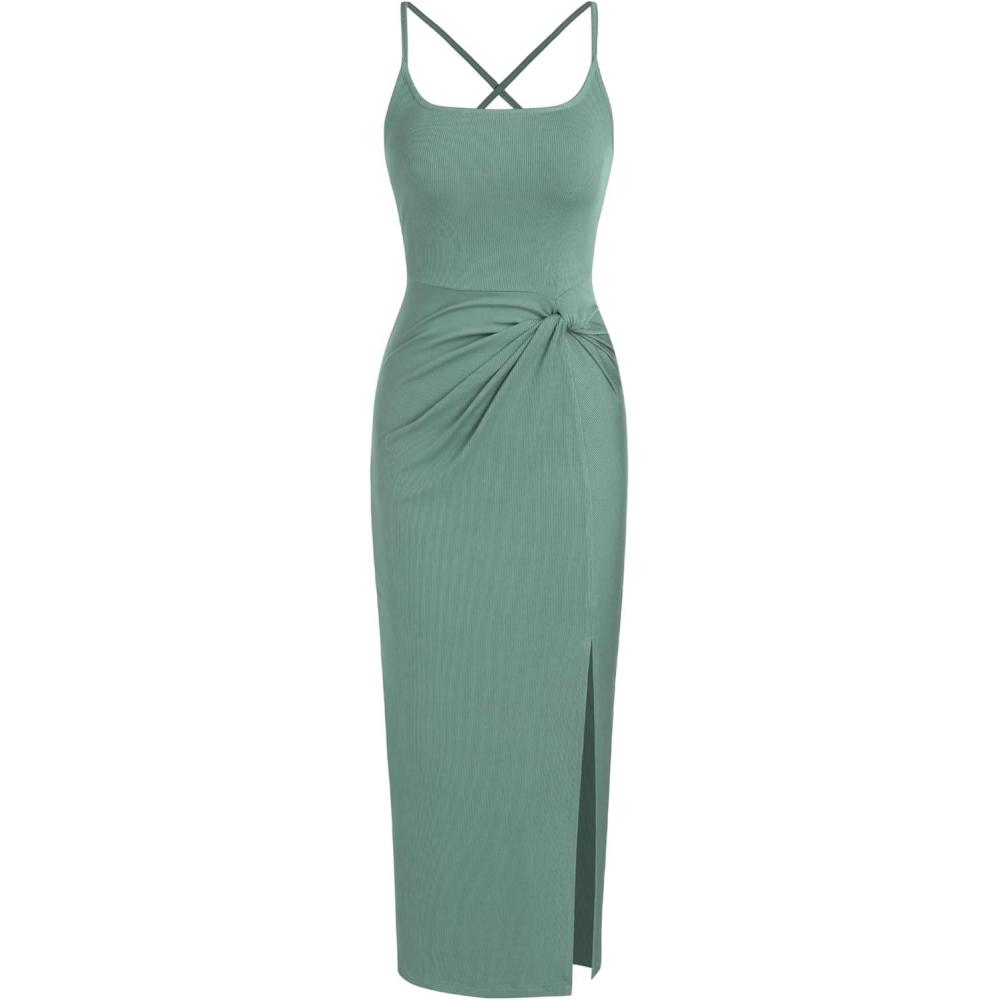imageCIDER Summer Dress Maxi Dress Women Sleeveless Scoop Neck High Waist Twist Criss Cross Bodycon Maxi DressesGreen