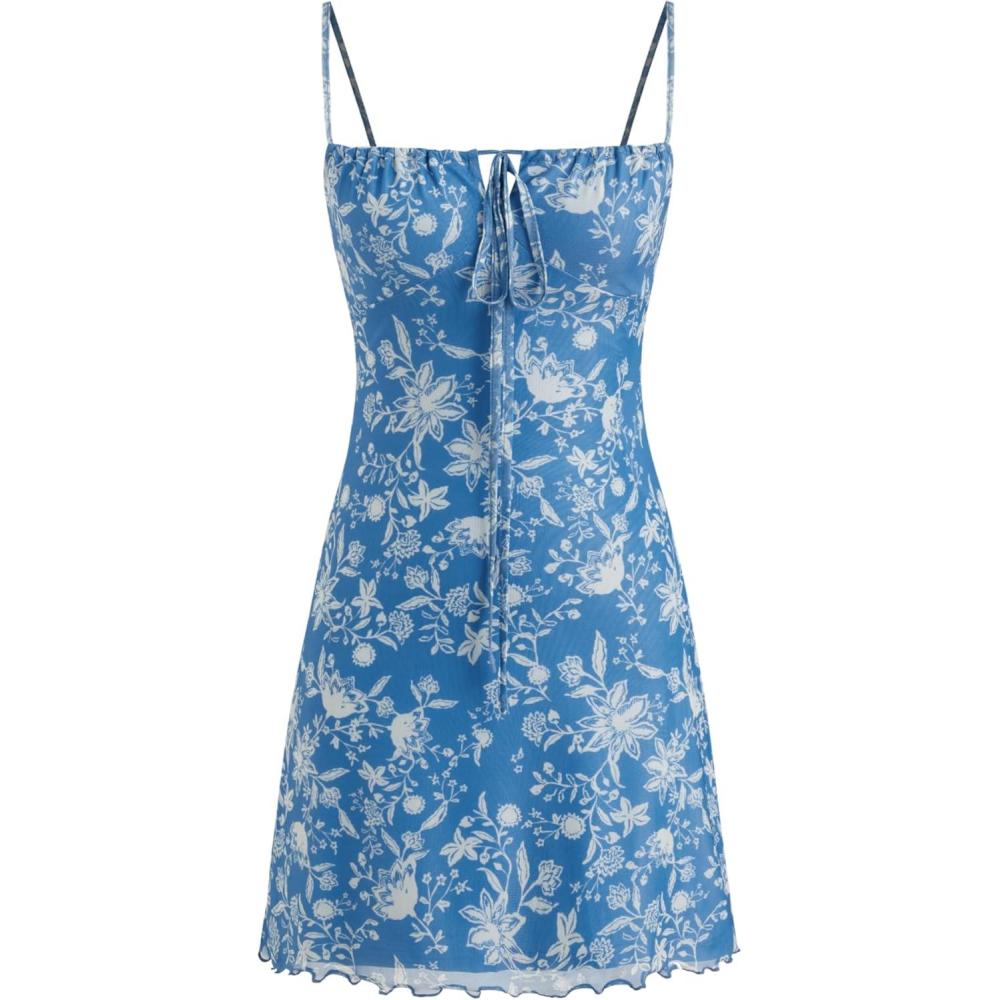 imageCIDER Summer Floral Mini Dress Casual Cute Vacation Beach Sundress Square Neck Short DressBlue