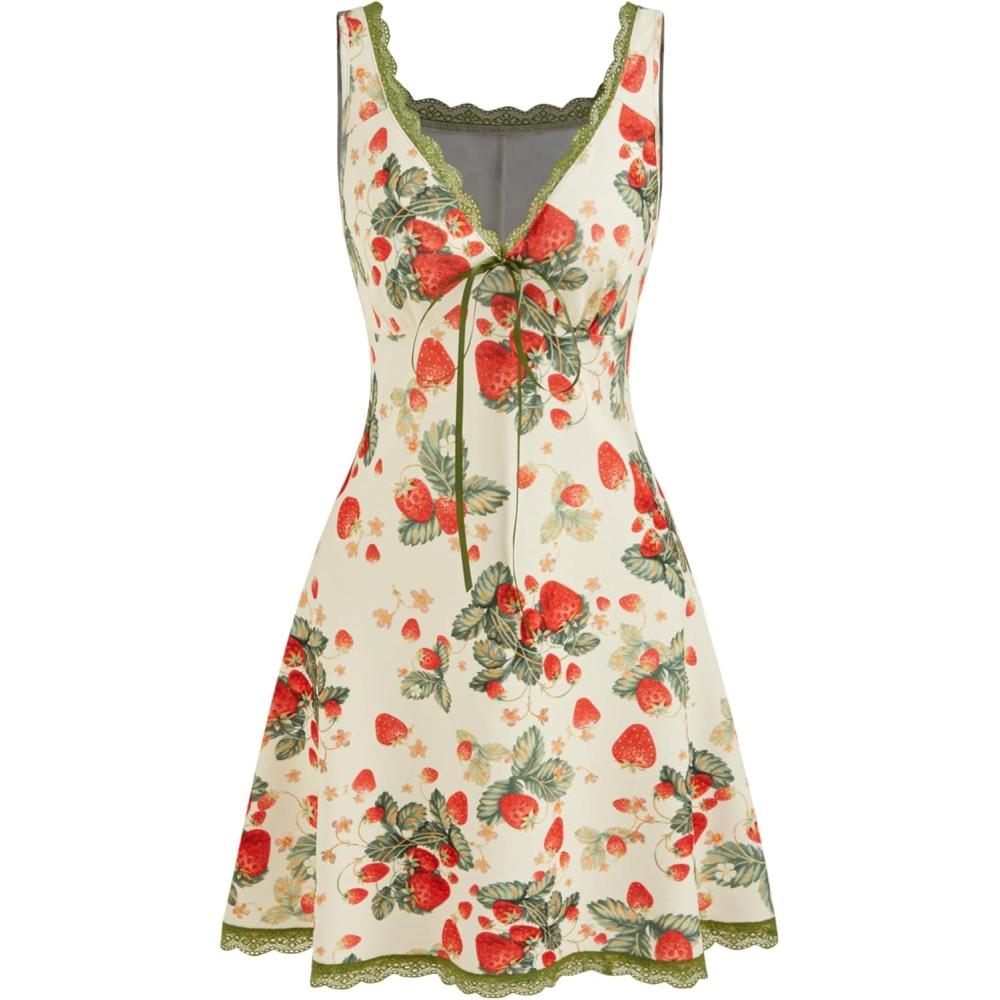 imageCIDER Summer Mini Dresses for Women Fruit Pattern Sweetheart Neck Sleeveless Sundress Knotted Tie A Line Sun DressesMulticolor