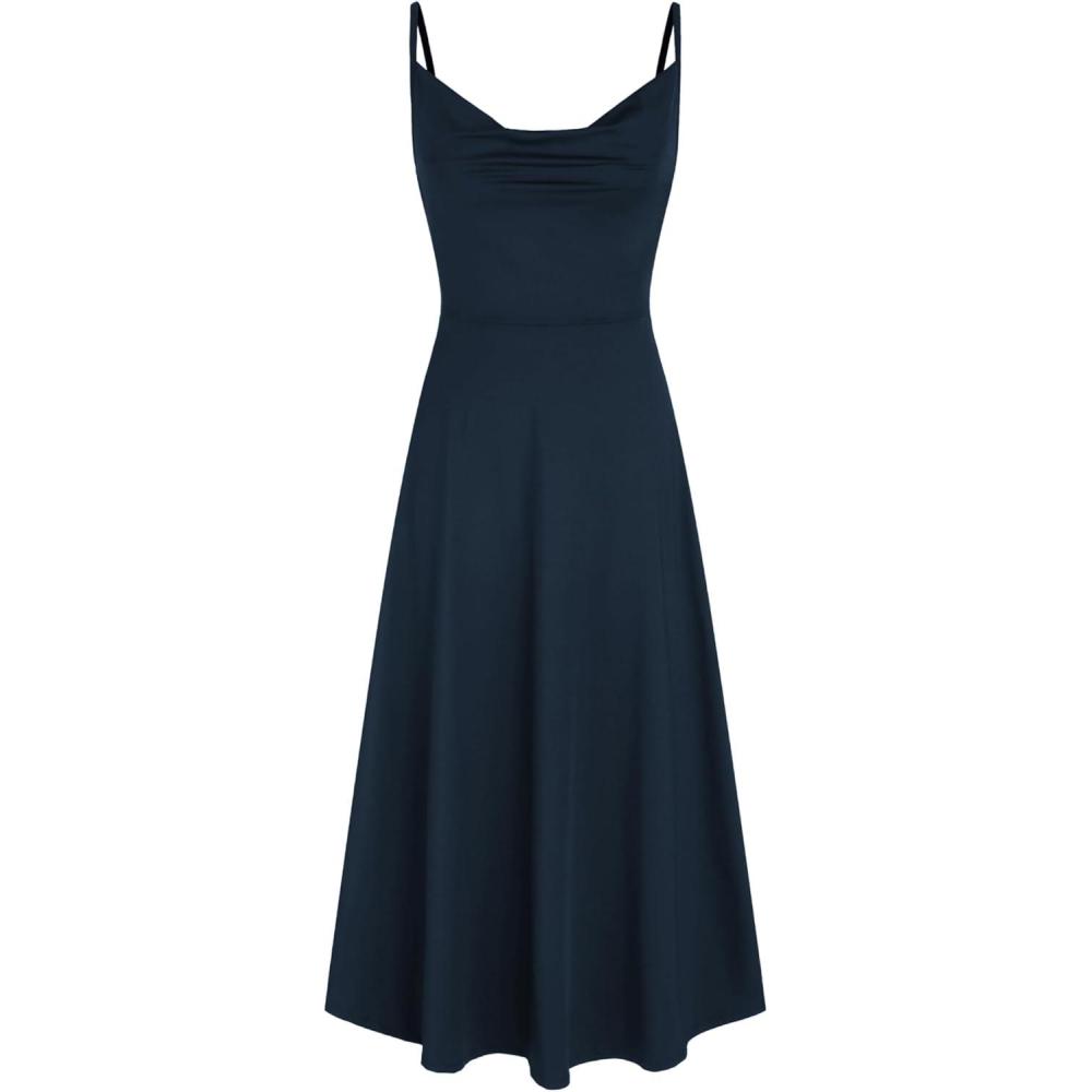 imageCIDER Summer Womens Spaghetti Strap Cowl Neck Cocktail Dress Ruched Sleeveless Formal Midi Dress Party Club DressDark Navy