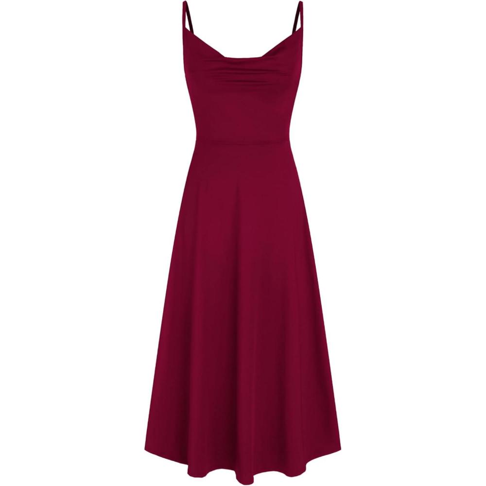 imageCIDER Summer Womens Spaghetti Strap Cowl Neck Cocktail Dress Ruched Sleeveless Formal Midi Dress Party Club DressWine