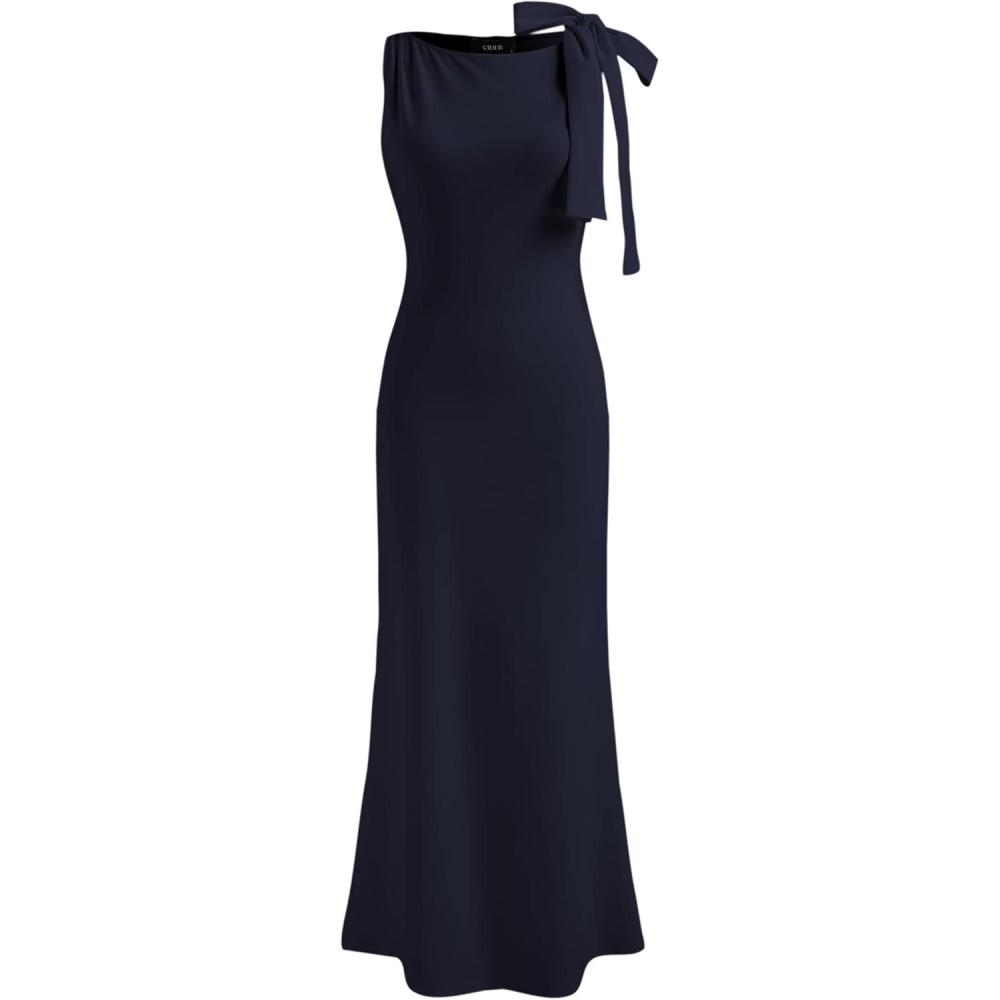 imageCIDER Women Summer Maxi Dresses Sleeveless Wedding Guest Dress Bowknot Boat Neck Formal GownDark Navy
