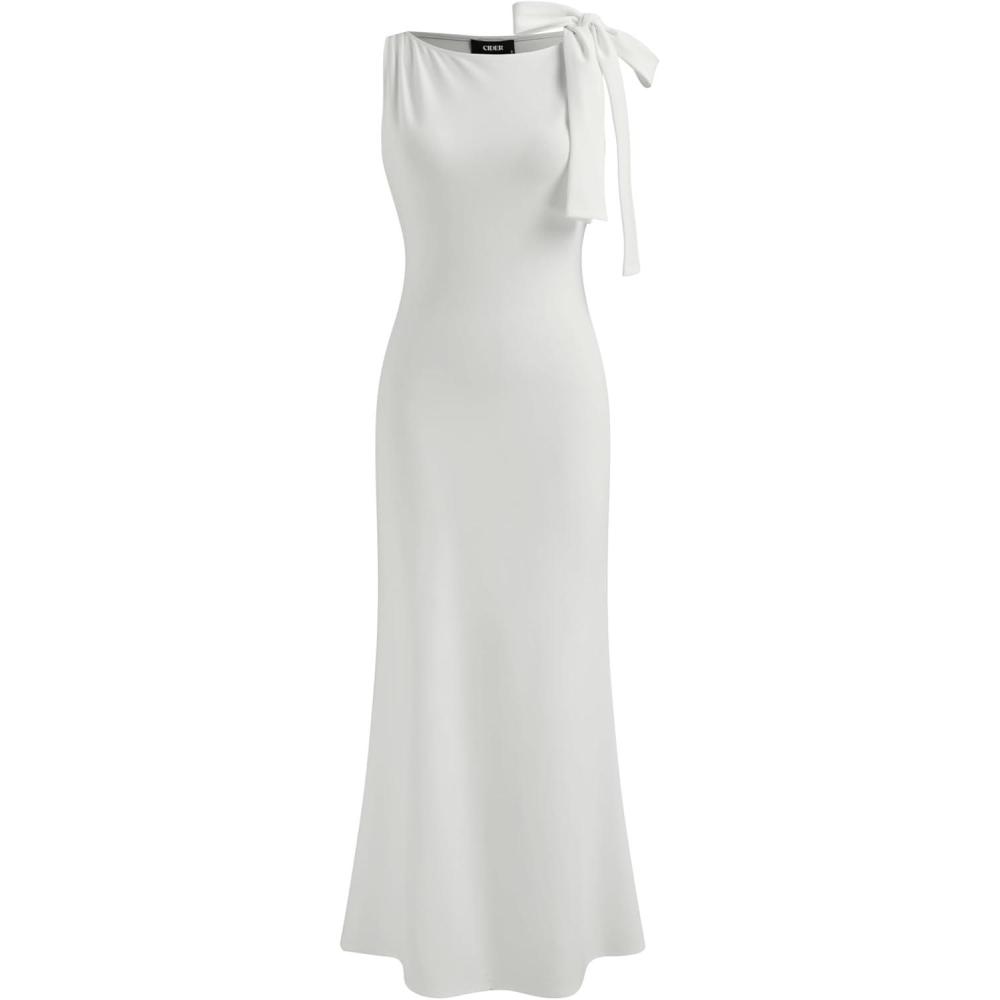 imageCIDER Women Summer Maxi Dresses Sleeveless Wedding Guest Dress Bowknot Boat Neck Formal GownWhite