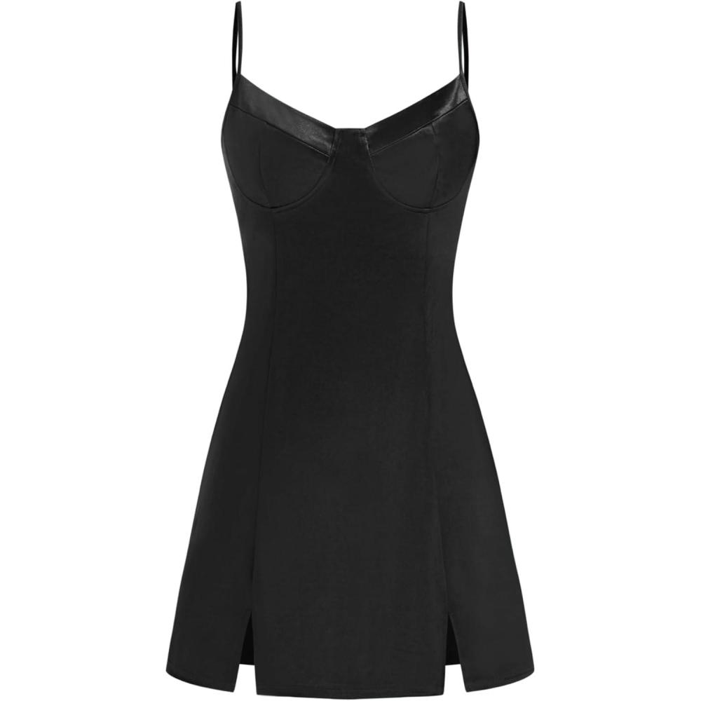 imageCIDER Womens Dress Sleeveless V Neck Split Hem Spaghetti Strap Party Club Summer MIni DressesBlack