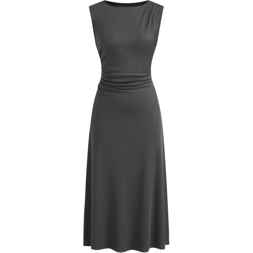 imageCIDER Womens Summer Dresses Sleeveless Semi Formal Midi Dress Boat Neck Ruched A Line Split Elegant DressDark Grey