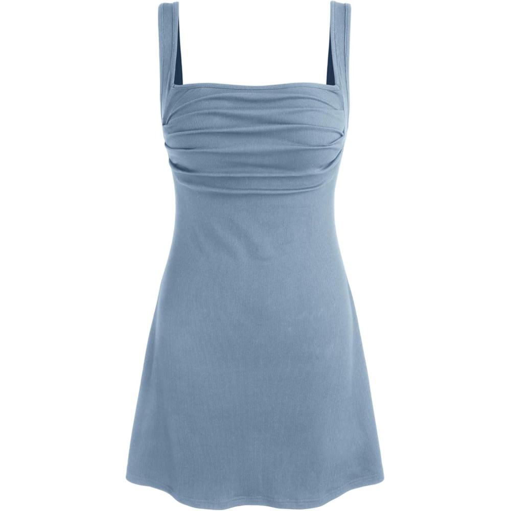 imageCIDER Womens Summer Floral Dress Square Neck Mini Dress Sleeveless Cute Sundress Party Dresses Trendy 2025Blue