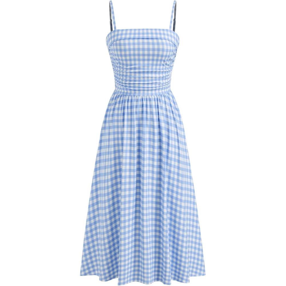 imageCIDER Womens Summer Gingham Midi Dress Sleeveless Ruched Plaid Dress Spaghetti Strap Dresses Casual TrendySky Blue