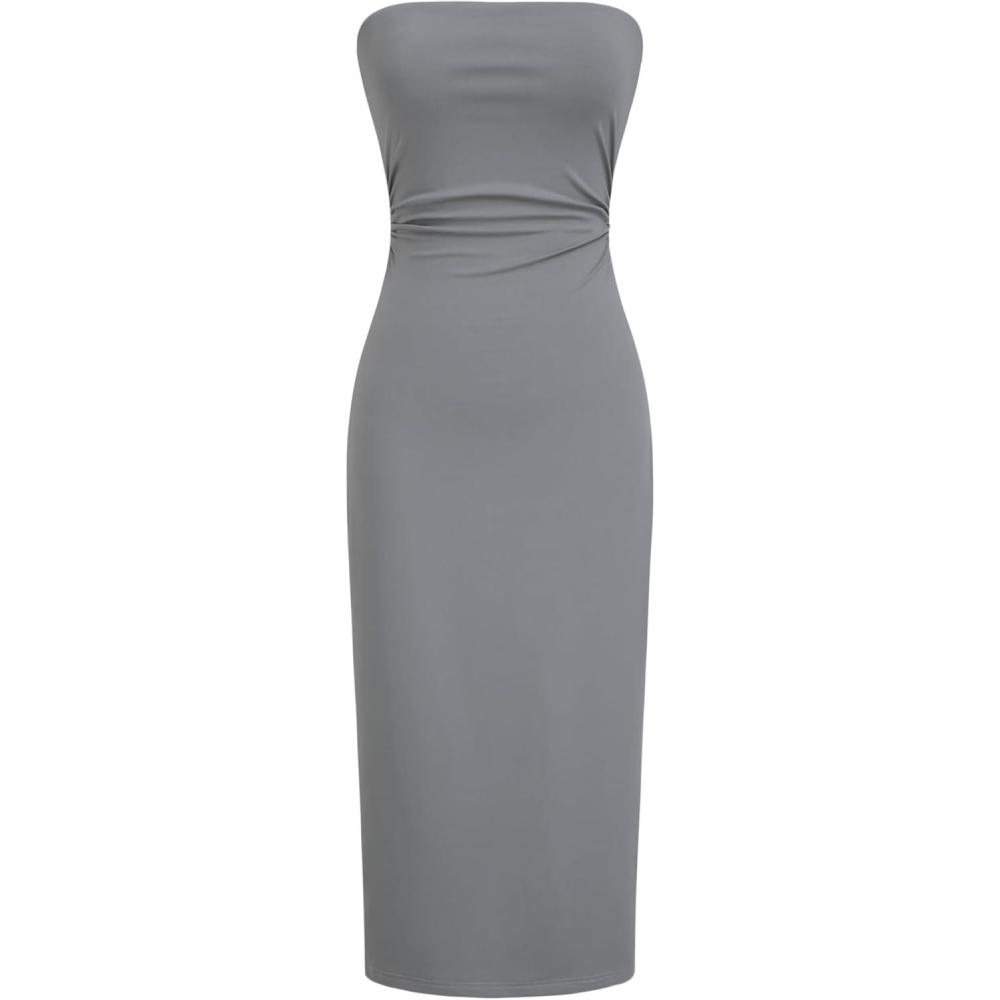 imageCIDER Womens Summer Tube Dress Double Layer Bodycon Ruched Backless Casual Club Party Midi DressesLight Grey