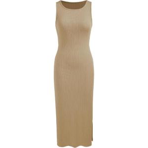 CIDER Bodycon Dress Midi Dress Sleeveless Dress Crew Neck Knit Fabric Slim Fit Tank Dresses(Khaki)