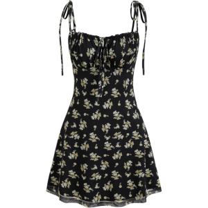 CIDER Floral Dress for Women Summer Mini Dress Sundresses Sleeveless Scoop Neck Sun Dresses A-Line Vacation Outfits(Black)