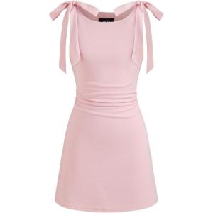 CIDER Mini Dress Bodycon Sexy Square Neck Bowknot Sleeveless High Waist Party Cocktail Elegant Dresses for Women(Pink)