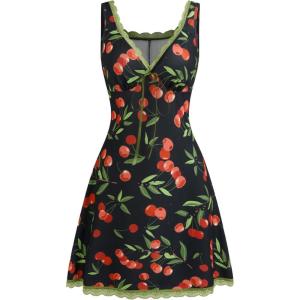 CIDER Summer Mini Dresses for Women Fruit Pattern Sweetheart Neck Sleeveless Sundress Knotted Tie A Line Sun Dresses(Black)