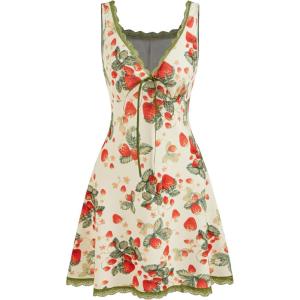 CIDER Summer Mini Dresses for Women Fruit Pattern Sweetheart Neck Sleeveless Sundress Knotted Tie A Line Sun Dresses(Multicolor)