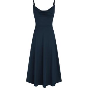 CIDER Summer Women’s Spaghetti Strap Cowl Neck Cocktail Dress Ruched Sleeveless Formal Midi Dress Party Club Dress(Dark Navy)