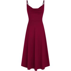 CIDER Summer Women’s Spaghetti Strap Cowl Neck Cocktail Dress Ruched Sleeveless Formal Midi Dress Party Club Dress(Wine)