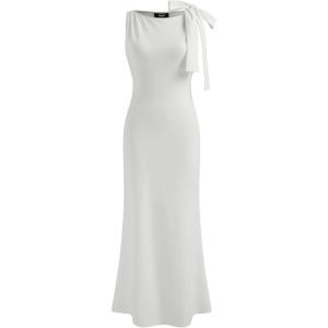CIDER Women Summer Maxi Dresses Sleeveless Wedding Guest Dress Bowknot Boat Neck Formal Gown(White)
