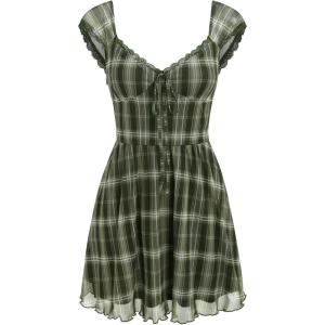 CIDER Women’s Gingham Mini Dress Summer Sundress Casual V Neck Flowy Cute Teen Short Seelve Ruffle Dress(Green)