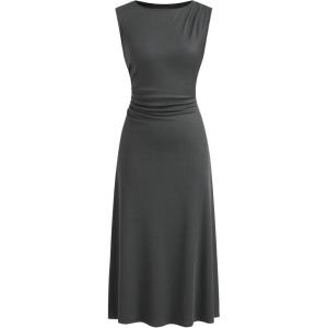 CIDER Womens Summer Dresses Sleeveless Semi Formal Midi Dress Boat Neck Ruched A Line Split Elegant Dress(Dark Grey)