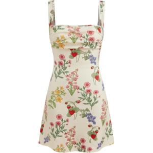 CIDER Women’s Summer Floral Dress Square Neck Mini Dress Sleeveless Cute Sundress Party Dresses Trendy 2025(Beige)