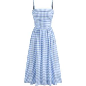 CIDER Women’s Summer Gingham Midi Dress Sleeveless Ruched Plaid Dress Spaghetti Strap Dresses Casual Trendy(Sky Blue)