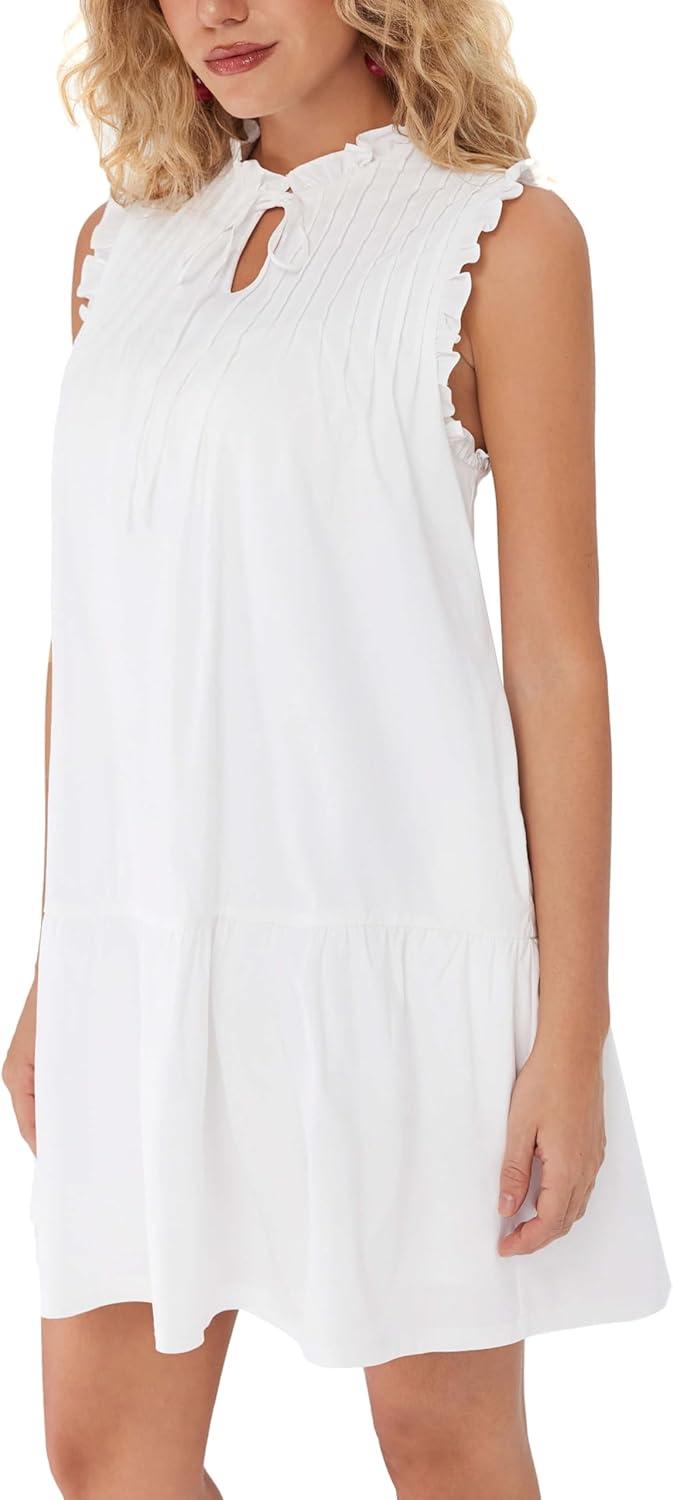 imageCIDER Knotted Sleeveless White Mini Dress Ruffle Trim Tie Neck Tiered Casual SummerWhite