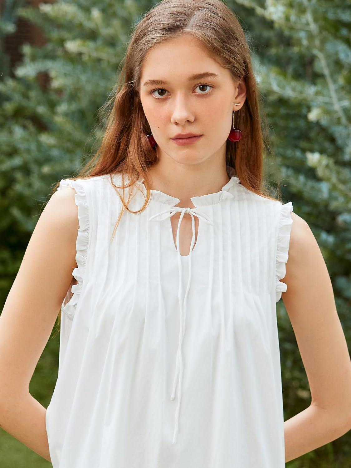 imageCIDER Knotted Sleeveless White Mini Dress Ruffle Trim Tie Neck Tiered Casual SummerWhite