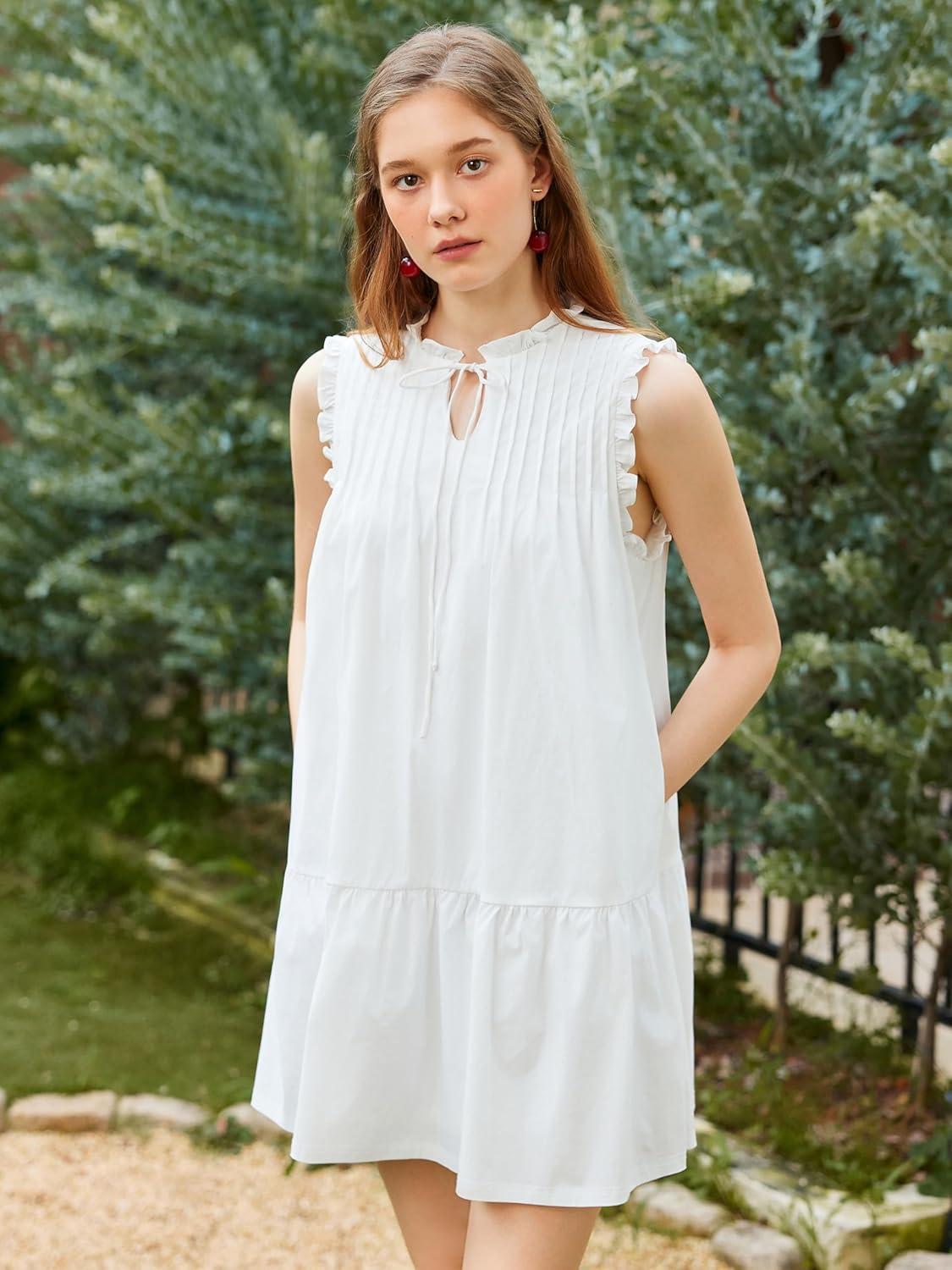 imageCIDER Knotted Sleeveless White Mini Dress Ruffle Trim Tie Neck Tiered Casual SummerWhite