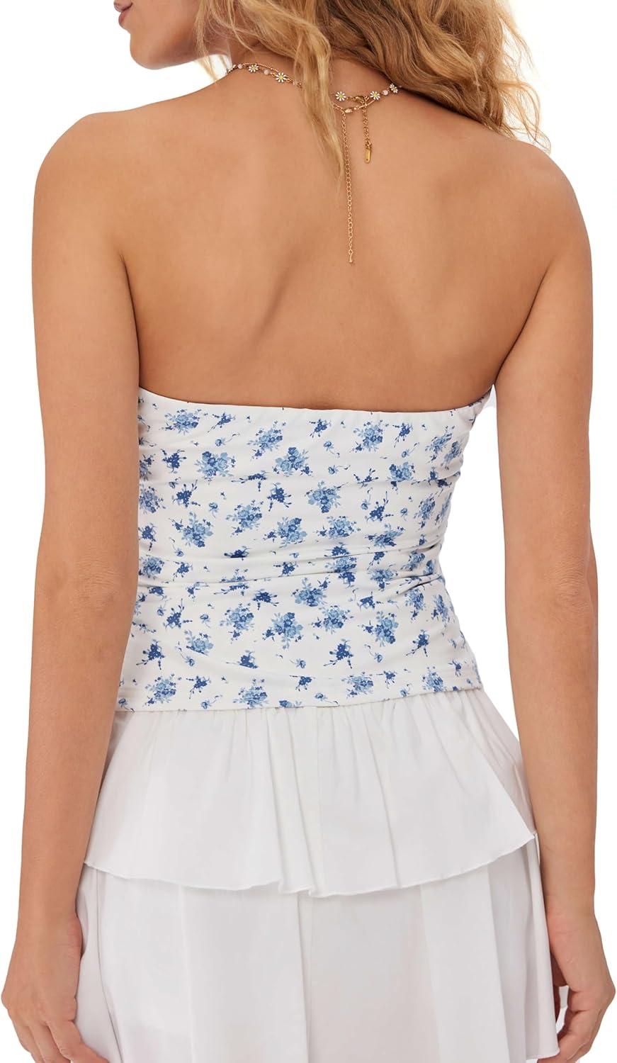 imageCIDER Womens Floral Print Tube Top Summer Sleeveless Bandeau TopBlue