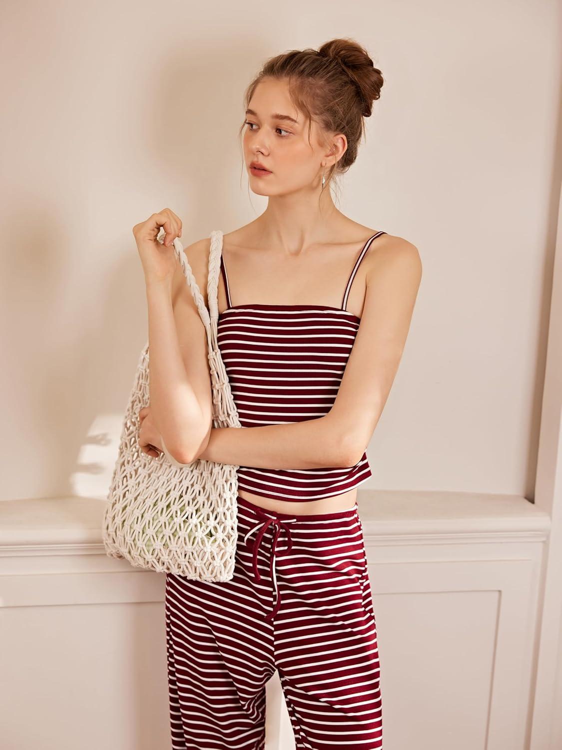 imageCIDER Womens Striped Two Piece Sets Summer Lounge Outfits Sleeveless Cami Top and Pants Matching Set Y2kWine