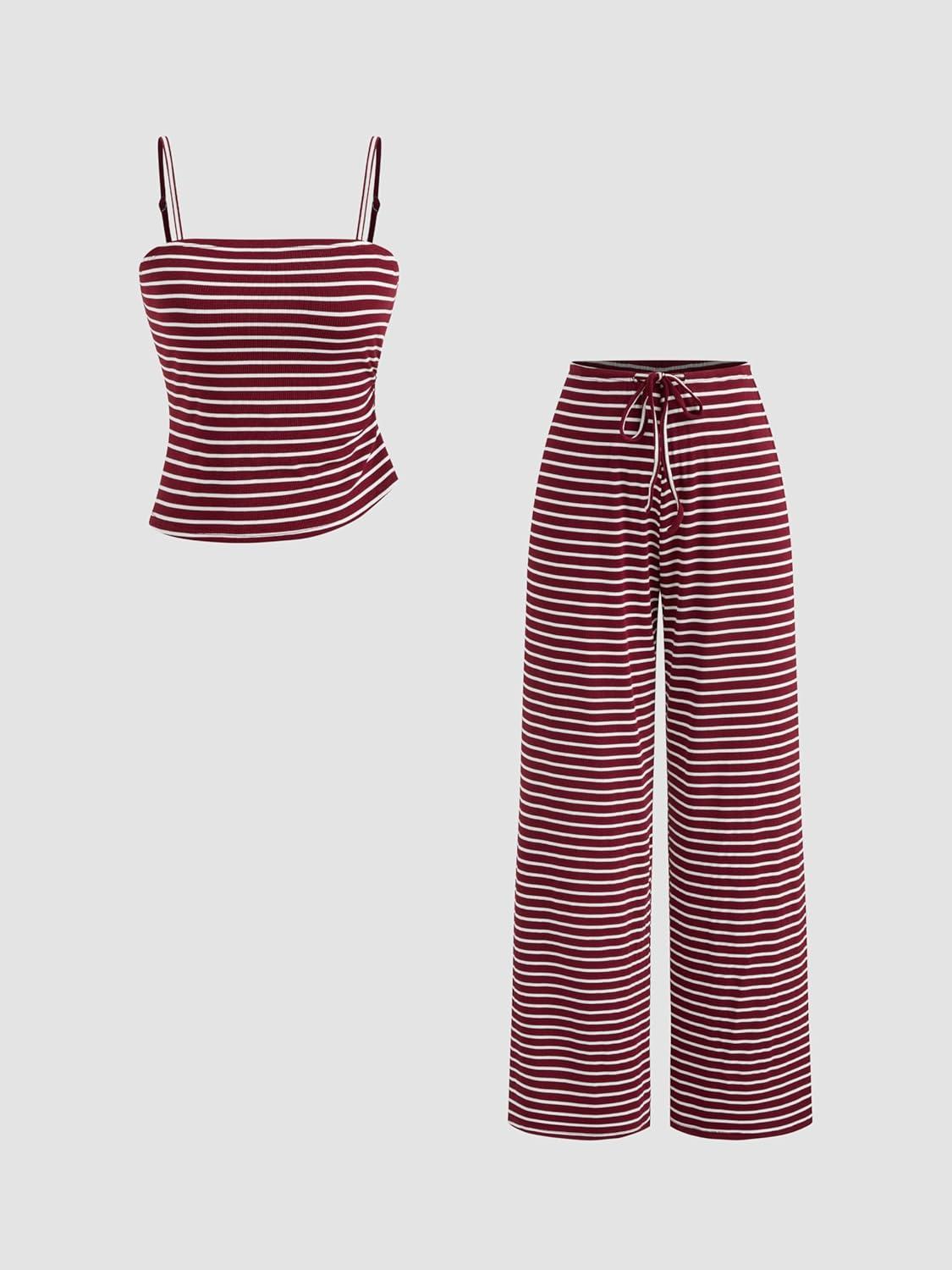 imageCIDER Womens Striped Two Piece Sets Summer Lounge Outfits Sleeveless Cami Top and Pants Matching Set Y2kWine