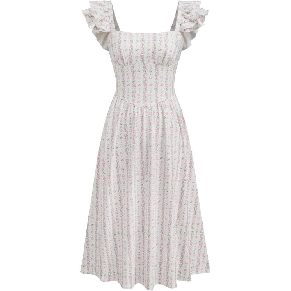 imageCIDER Floral Print Midi Dress Cap Sleeve Womens Summer Ruffle Sleeve Casual DressesPink