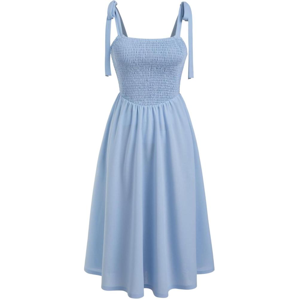 imageCIDER Smocked Milkmail Midi Dress Tie Strap Square Neck Sleeveless Summer Casual DressesBaby Blue