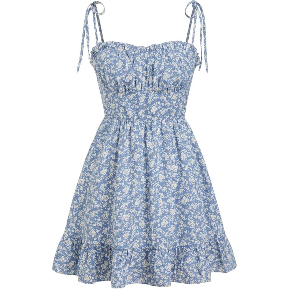 imageCIDER Women Summer Dress Flowy Floral Short Dresses Ruffle Mini Spaghetti Strap Mini SundressBlue