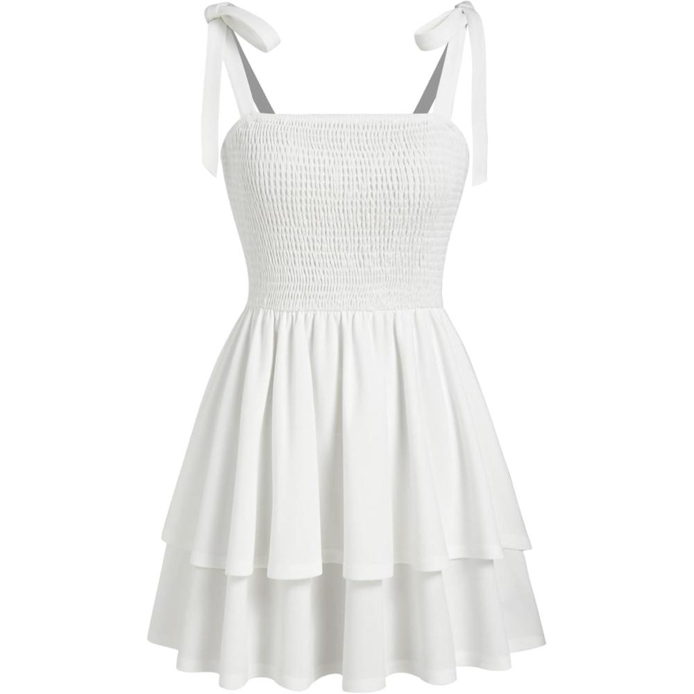 imageCIDER Women Summer Short Mini Dress Tie Strap Smocked Tiered Square Neck Sleeveless SundressWhite