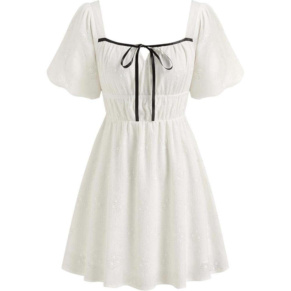 imageCIDER Womens Mini Cocktail Dresses Cute Bow Knot Sun Dress Puff Short Sleeve Dresses for Summer TrendyWhite