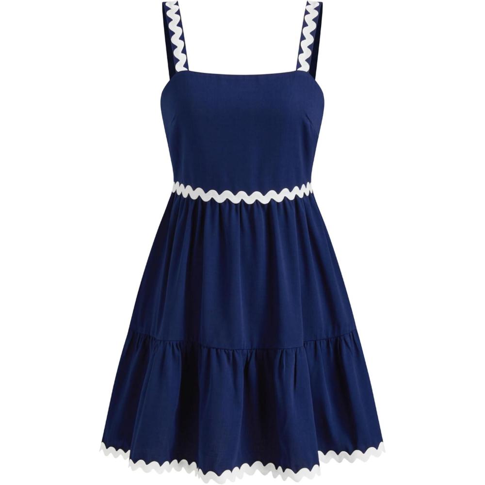 imageCIDER Womens Spaghetti Strap Mini Dresses 2025 Summer Casual Sleeveless Smocked A Line Square Neck Rickrack Trim SundressBlue