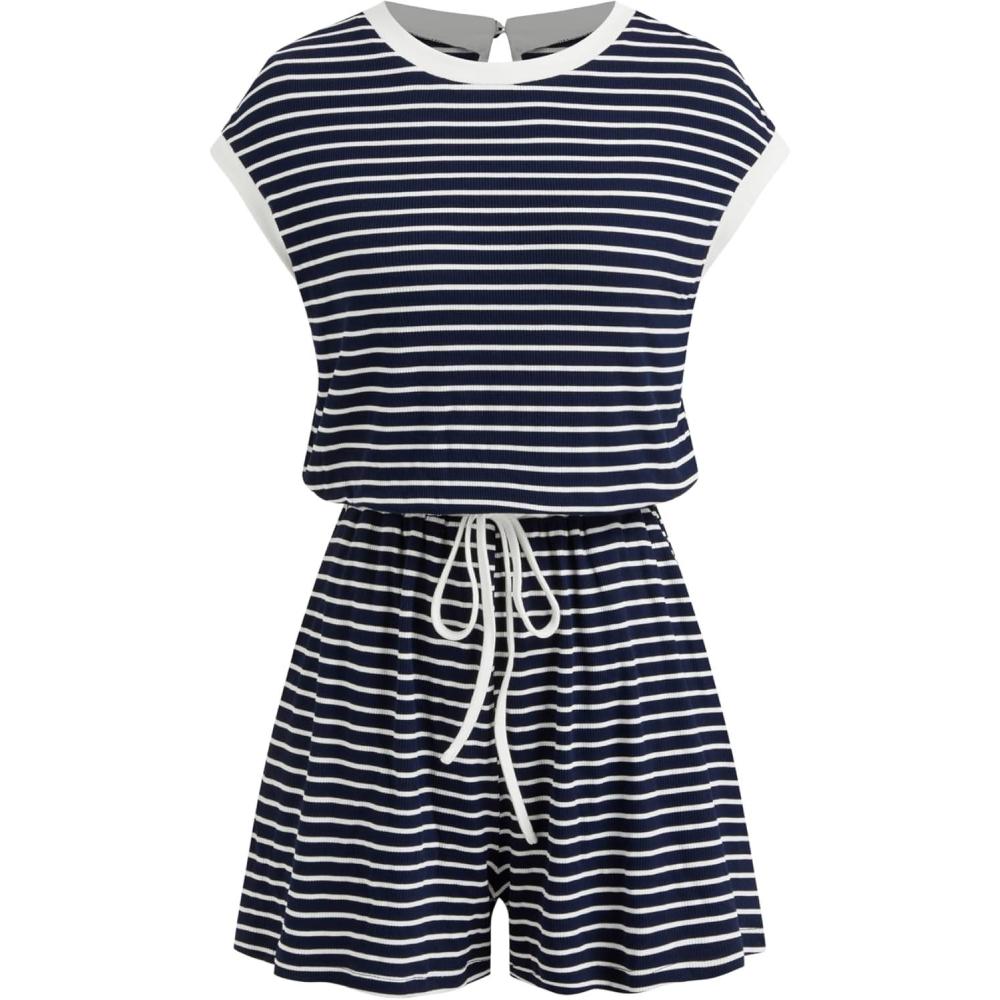 imageCIDER Womens Striped Romper Short Sleeve Drawstring Waist One Piece Casual Summer Lounge OutfitNavy Blue