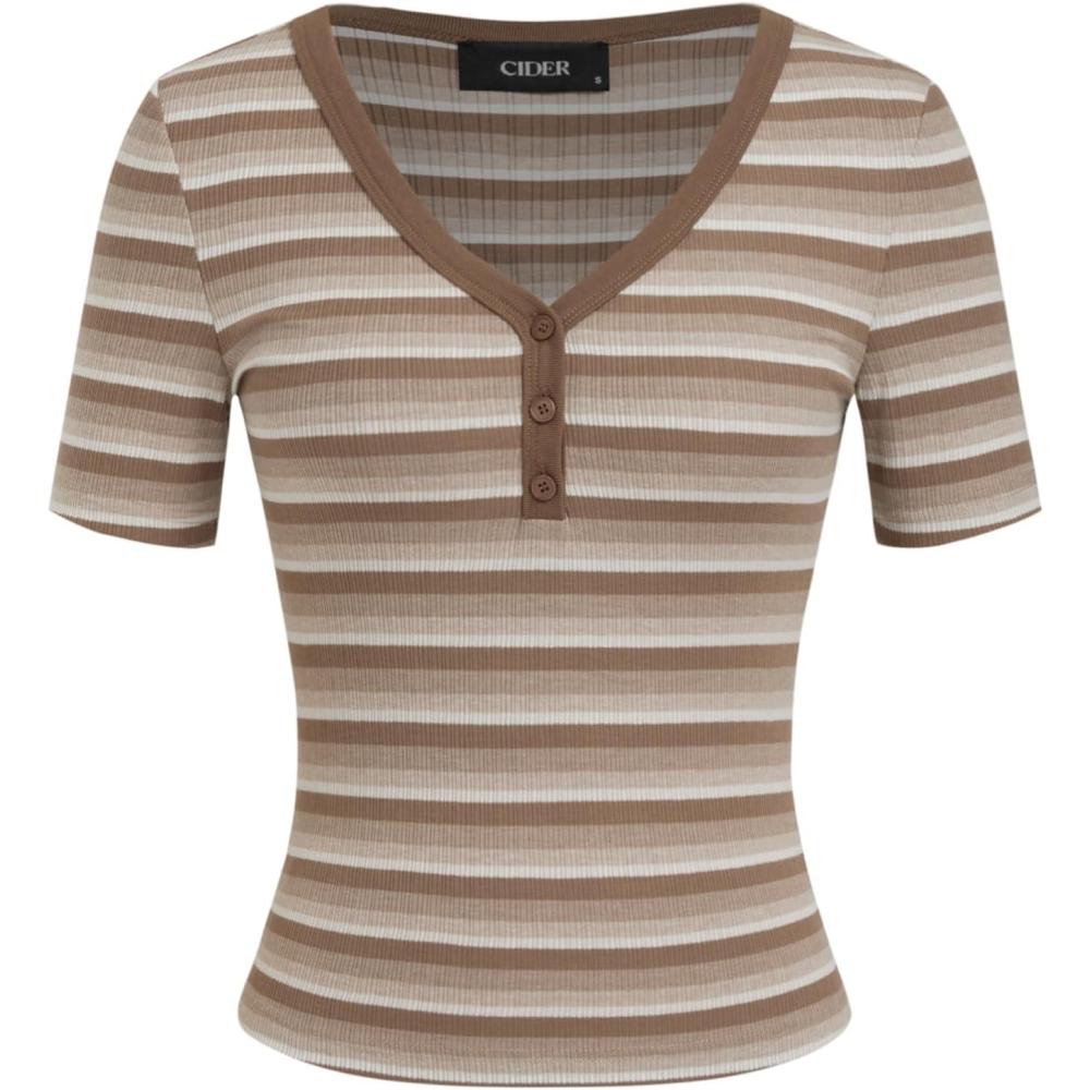imageCIDER Womens Striped V Neck T Shirt Casual Short Sleeve Knit Top TeeCamel