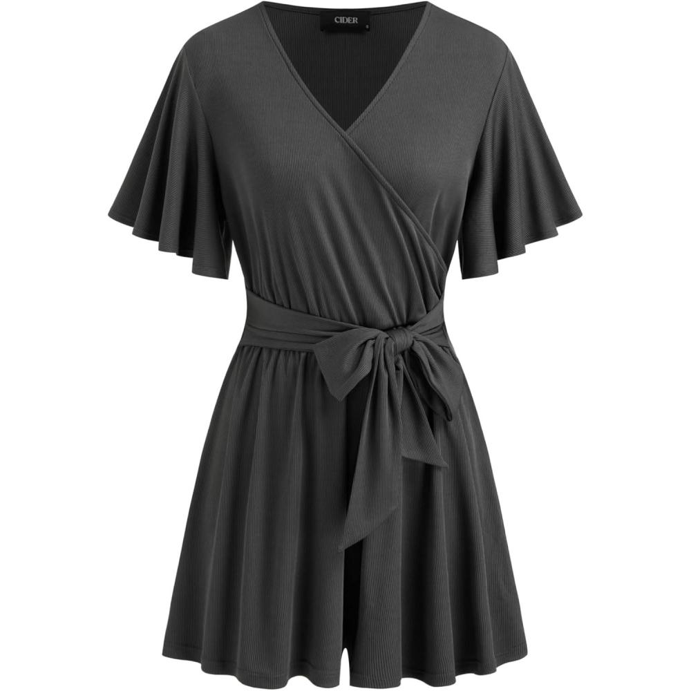 imageCIDER Womens Wrap Romper V Neck Short Sleeve Jumpsuit Casual One Piece OutfitDark Grey