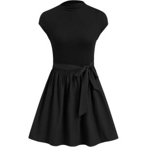 CIDER Casuasl Dress Mock Neck Cap Sleeve Fit Knotted Flare Party Dress(Black)